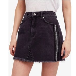 Free People Embellished Rhinestone Side Stripe Denim Mini Skirt Raw Hem Size 2